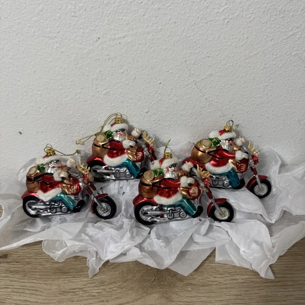 Peschka Rider Biker Santa Claus Glass Christmas Ornament Set‎ Of 4 Vintage